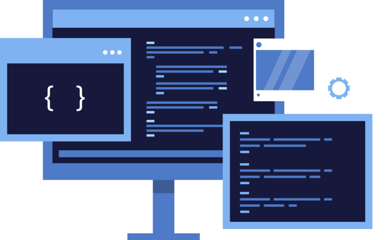 Das Bild zeigt eine stilisierte Grafik einer Programmierumgebung mit verschiedenen Fenstern, die Code-Editoren und Entwicklertools darstellen, alle in einem dunklen Farbschema mit blauen Akzenten.